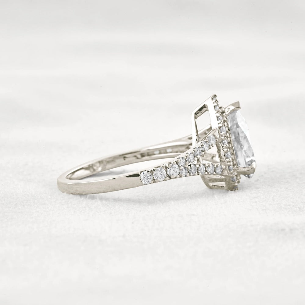 Moissanite Pear Cut Split Shank Halo Engagement Ring