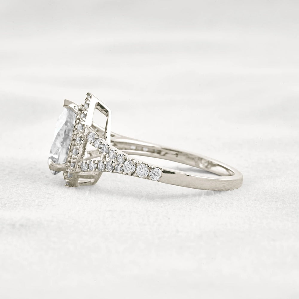 Moissanite Pear Cut Split Shank Halo Engagement Ring