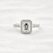 Moissnaite Emerald Cut Halo & Pave Set Engagement Ring