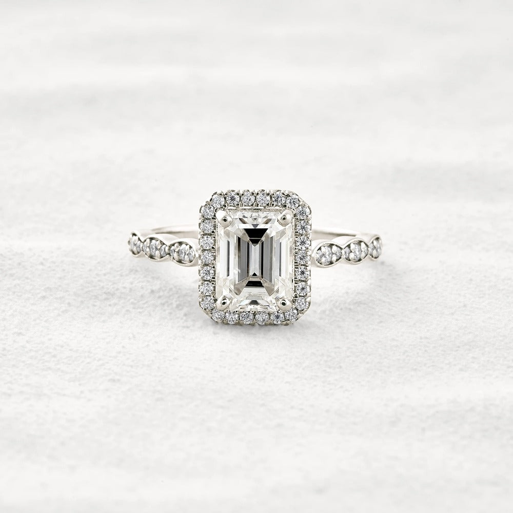 Moissnaite Emerald Cut Halo & Pave Set Engagement Ring