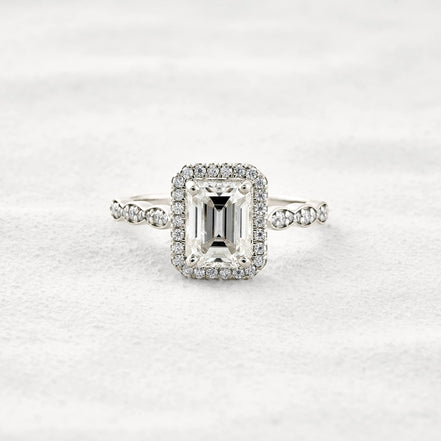 Moissnaite Emerald Cut Halo & Pave Set Engagement Ring