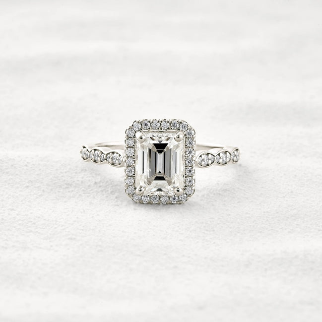 Moissnaite Emerald Cut Halo & Pave Set Engagement Ring