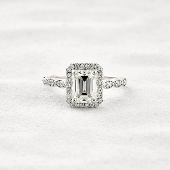 Moissnaite Emerald Cut Halo & Pave Set Engagement Ring