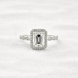 Moissnaite Emerald Cut Halo & Pave Set Engagement Ring