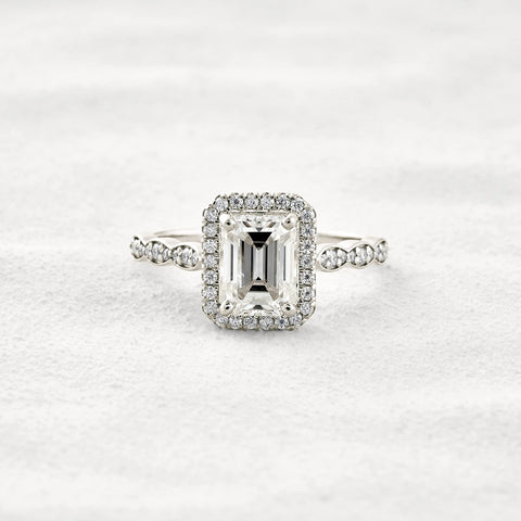 Moissnaite Emerald Cut Halo & Pave Set Engagement Ring