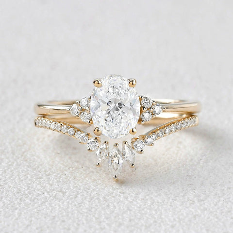 Seven Stone Oval Cut Colorless Moissanite Wedding Ring Set