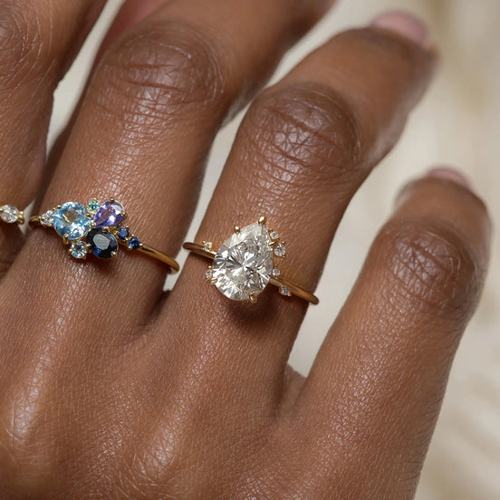 Lab Created Moissanite Pear Cut Cluster Engagement Ring