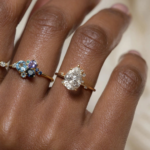 Lab Created Moissanite Pear Cut Cluster Engagement Ring