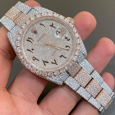 Dual Tone Iced Out Moissanite Hip Hop Wrist Watch For Men's