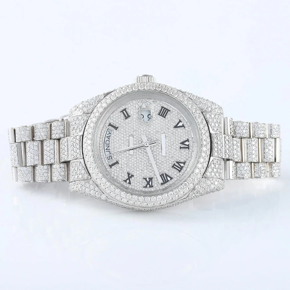 Stainless Steel  Roman Dial Day Date Moissanite Wrist Watch