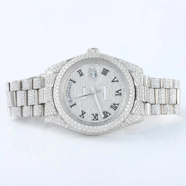 Stainless Steel  Roman Dial Day Date Moissanite Wrist Watch
