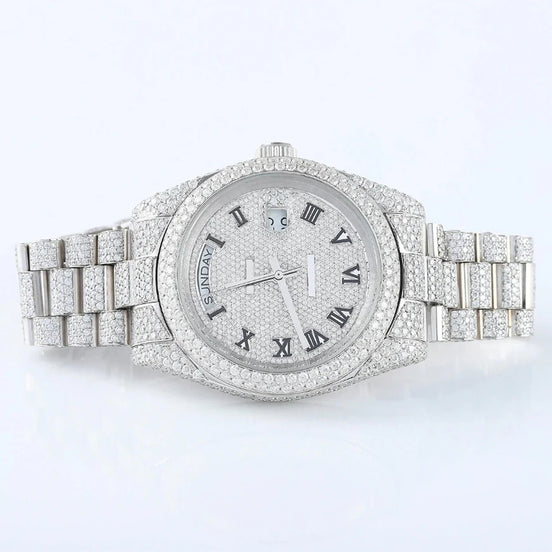 Stainless Steel  Roman Dial Day Date Moissanite Wrist Watch