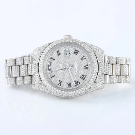 Stainless Steel  Roman Dial Day Date Moissanite Wrist Watch
