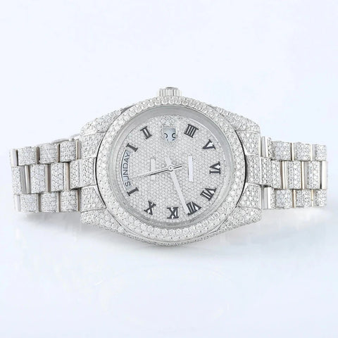 Stainless Steel  Roman Dial Day Date Moissanite Wrist Watch