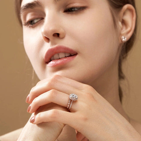Oval Cut Moissanite D Color Vintage Halo Wedding Set For Women
