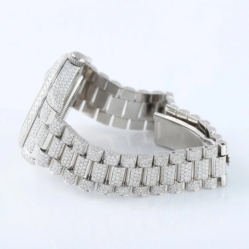 Stainless Steel  Roman Dial Day Date Moissanite Wrist Watch