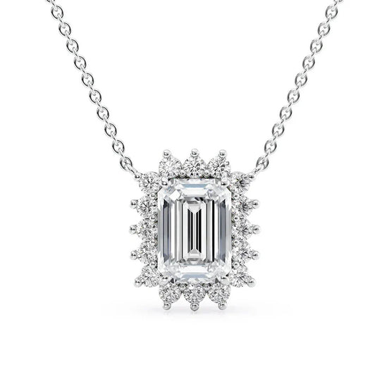 Emerald Cut Moissanite Halo Pendant For Women