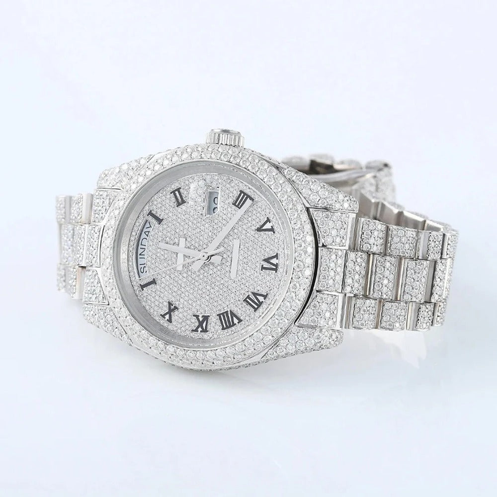 Stainless Steel  Roman Dial Day Date Moissanite Wrist Watch