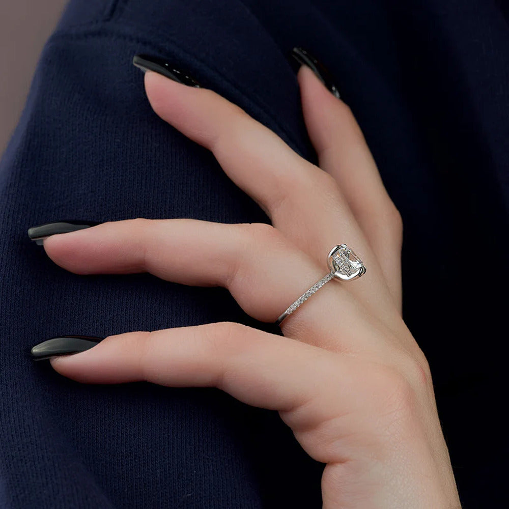 Cushion Cut Hidden Halo Moissanite Engagement Ring