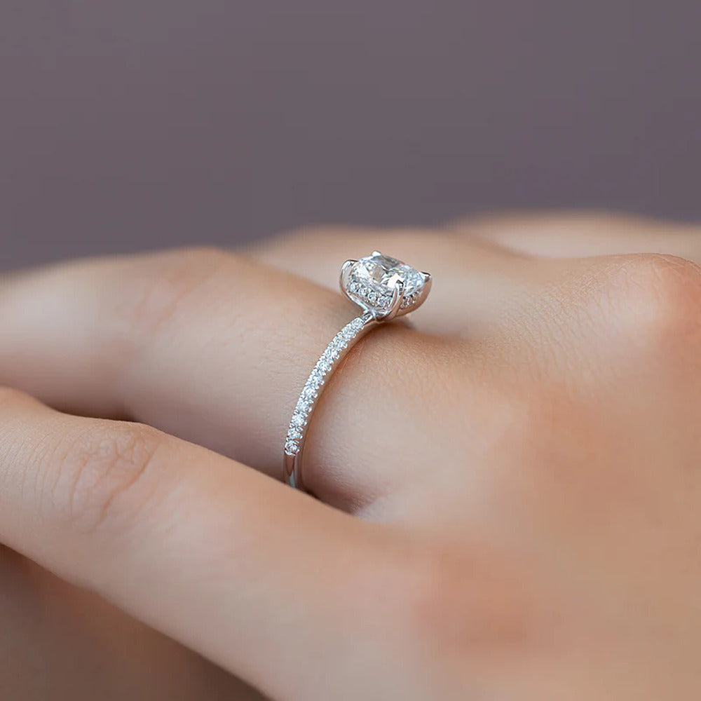 Cushion Cut Hidden Halo Moissanite Engagement Ring