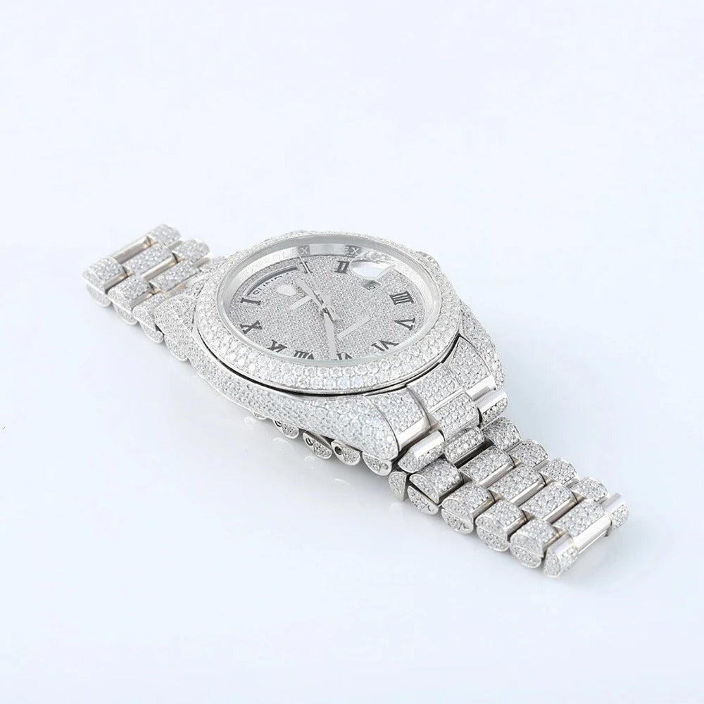 Stainless Steel  Roman Dial Day Date Moissanite Wrist Watch