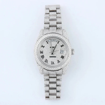 Stainless Steel  Roman Dial Day Date Moissanite Wrist Watch