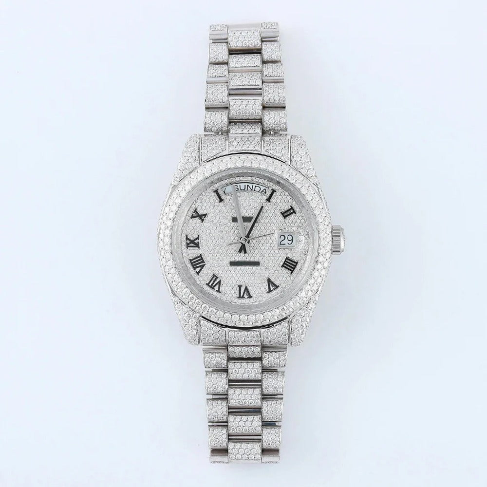 Stainless Steel  Roman Dial Day Date Moissanite Wrist Watch