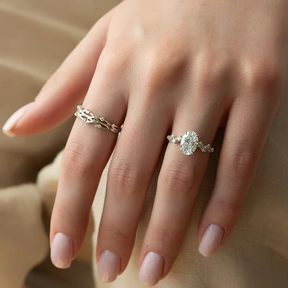 Cluster Style Oval Cut Moissnaite Hidden Accent Wedding Ring