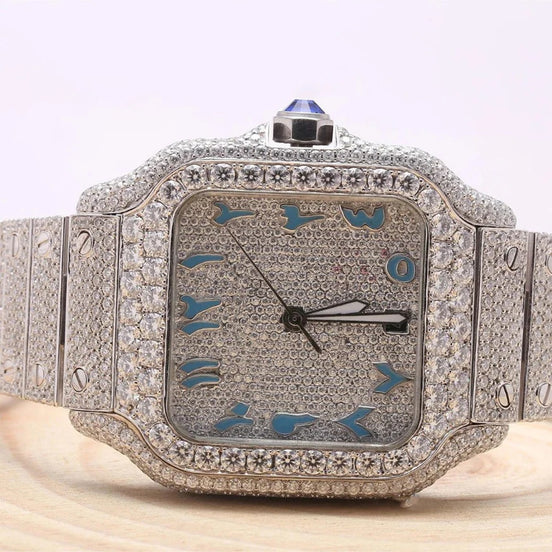 VVS1 Moissanite Blue Arabic Number Dial Iced Out Watch Gift For Men's