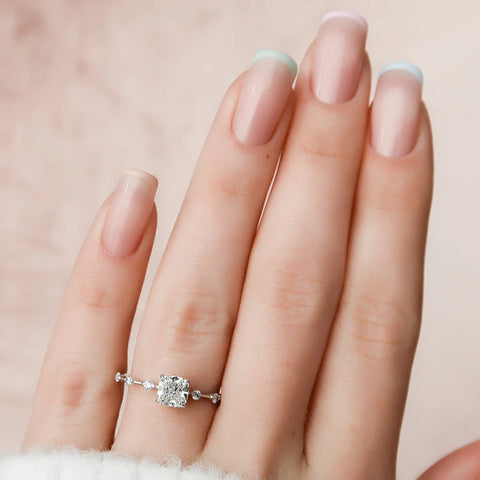 Cushion Cut Hidden Accent D Color Moissanite Wedding Ring