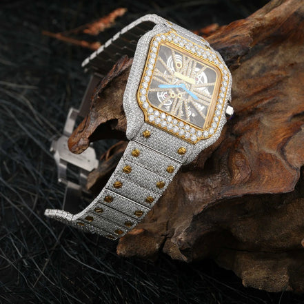 Moissanite Stainless Steel Two Tone Skeletone Hip Hop Watch