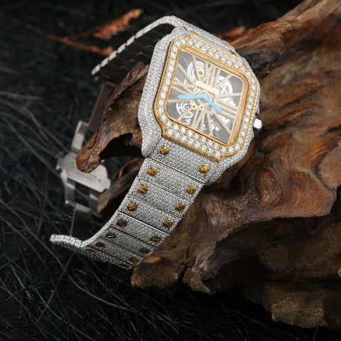 Moissanite Stainless Steel Two Tone Skeletone Hip Hop Watch