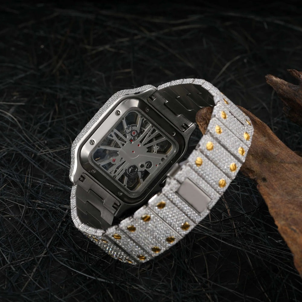 Moissanite Stainless Steel Two Tone Skeletone Hip Hop Watch