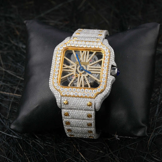 Moissanite Stainless Steel Two Tone Skeletone Hip Hop Watch