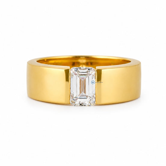 Tension Set Emerald Cut Moissanite Yellow Gold Men's Ring