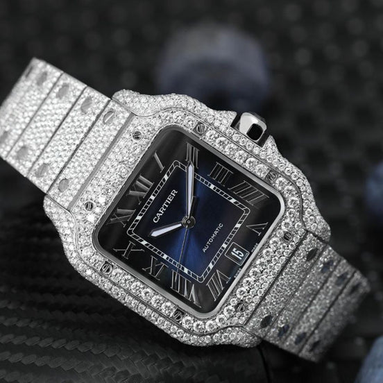 D Color Moissanite Blue Color Dial Luxury Iced Out Watch For Men's
