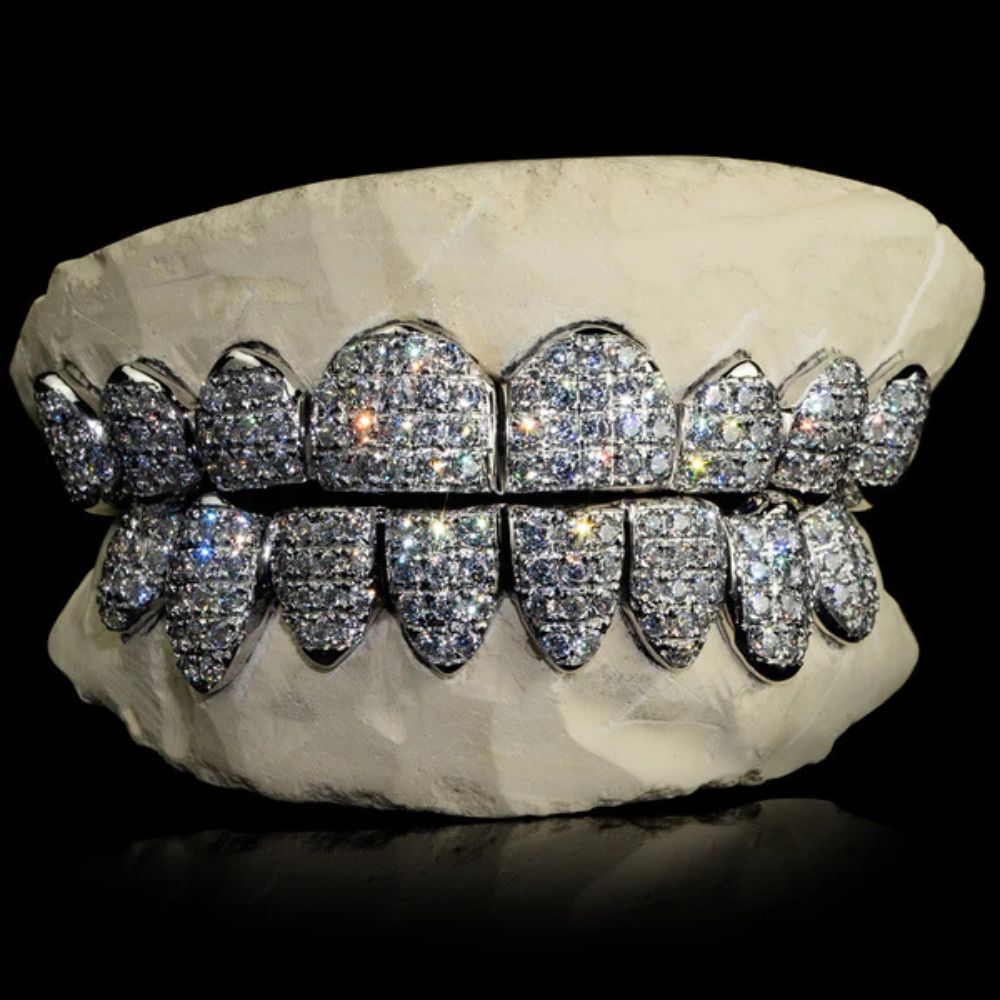Moissanite Diamond Silver Tone Top & Bottom Teeth Custom Hip Hop Grills