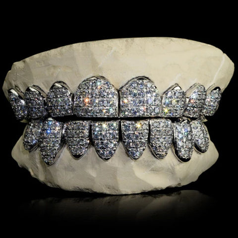 Moissanite Diamond Silver Tone Top & Bottom Teeth Custom Hip Hop Grills