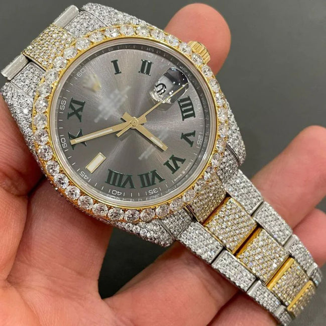 Green Roman Dial Dual Tone Moissanite Men's Watch
