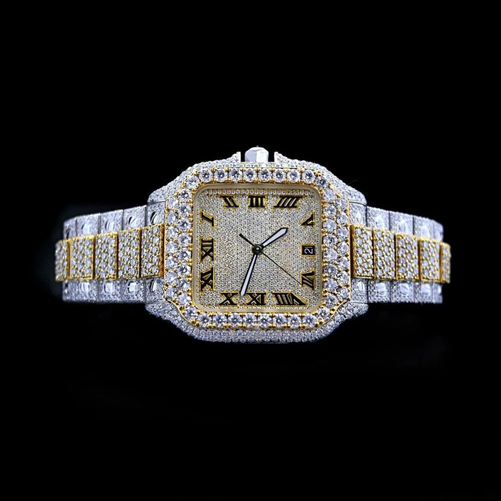 Dual Tone Iced Out Moissanite Watch For Men's