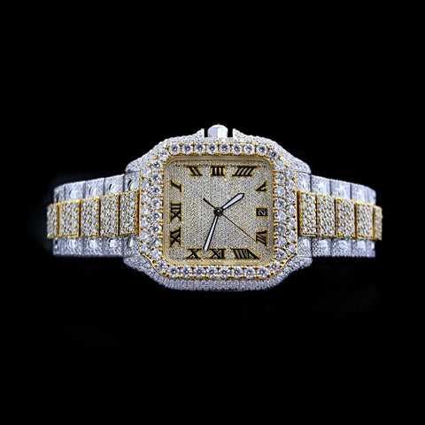 Dual Tone Iced Out Moissanite Diamond Watch For Men's