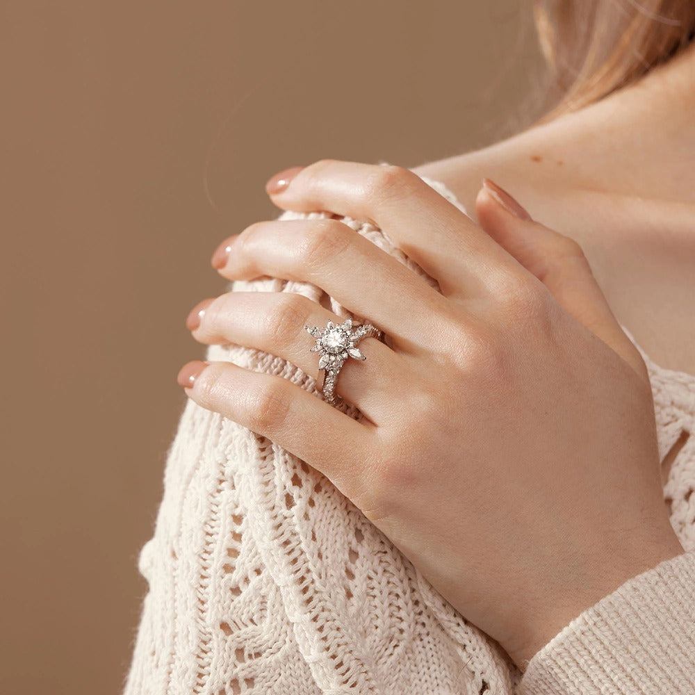Round Cut Moissnaite Floral Halo Fancy Wedding Ring Set