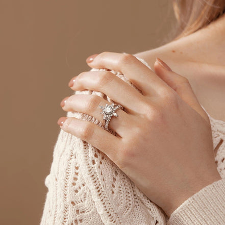 Round Cut Moissnaite Floral Halo Fancy Wedding Ring Set
