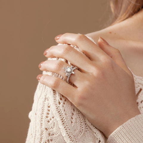 Round Cut Moissnaite Floral Halo Fancy Wedding Ring Set