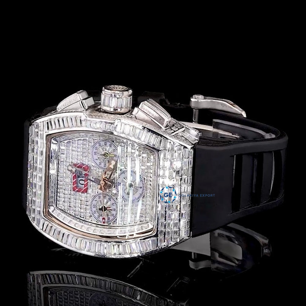 Baguette Cut Moissanite Rubber Strap Wrist Watch