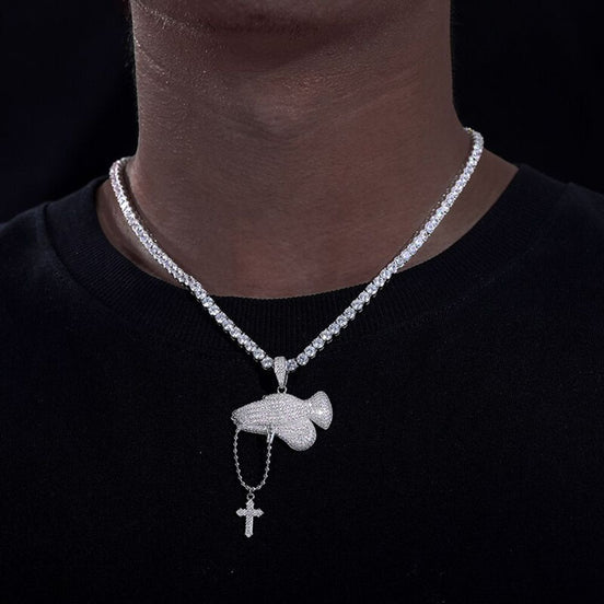 Hands Praying Cross Pendant Iced Out Moissanite Pendant