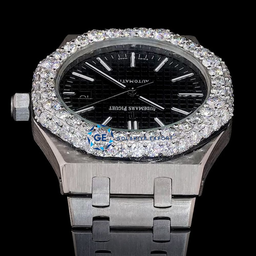 Iced Out Moissanite Stylish Black Dial Stainless Steel Wrist Watch