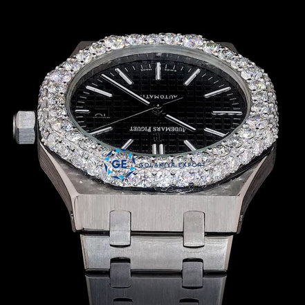 Iced Out Moissanite Stylish Black Dial Stainless Steel Wrist Watch