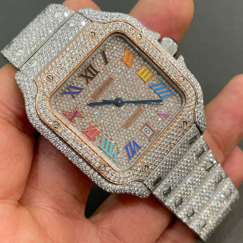 Dual Tone Rainbow Color Numerical Dial Moissanite Wrist Watch