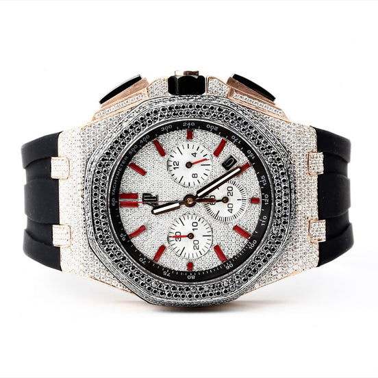 Black & White Moissanite Rubber Strap Wrist Watch For Men's